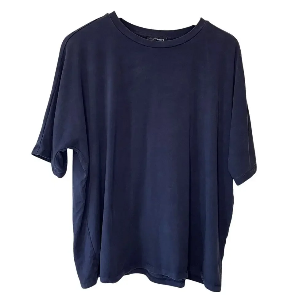 Eileen Fisher Boho Minimalist Navy Blue Dolman Short Sleeve Square Cut Tee Small